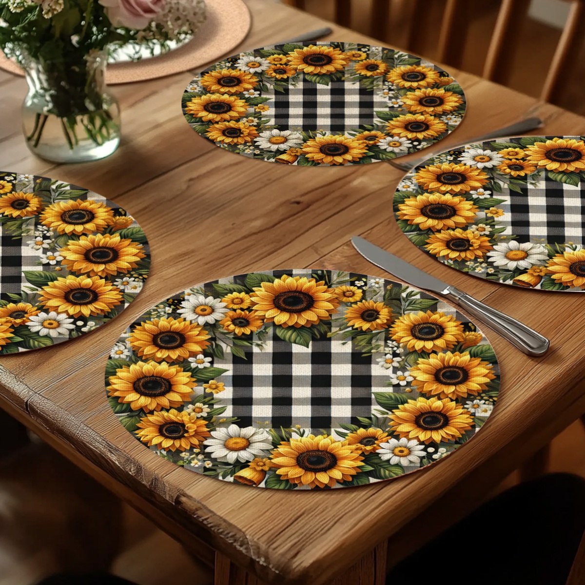 Interior Design Kitchen - 4PCS 2D flat print, sunflower plaid